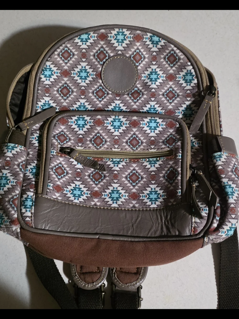 Myra Bag Brown, Teal & White Patterned Backpack